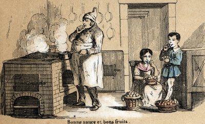 Les cinq sens : (détail) le goût, un cuisinier savoure sa sauce et des enfants croquent des fruits. Planche « Les cinq sens » dans « les Récréations instructives » - French School