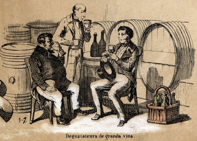 Description des cinq sens : détail du goût, les dégustateurs de vins fins savourant des verres dans une cave - French School