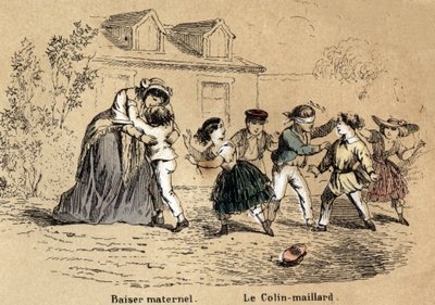 Description des cinq sens : le toucher, une mère câlinant son enfant pour un contact maternel et le jeu du colin-maillard. Planche « Les cinq sens » dans « Les Récréations instructives » Synoptique peinture par Jules Delbruck, gravure de 1860. Collection p - French School