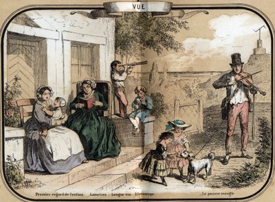 Description des cinq sens : la vue, de gauche à droite, un nourrisson ouvrant les yeux à sa mère, une vieille femme lisant avec des lunettes, un petit garçon jouant avec une longue vue permettant de voir de loin, un autre utilisant un microscope ; a - French School