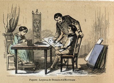 Description des différents produits et usages du papier : une cour de dessin et d