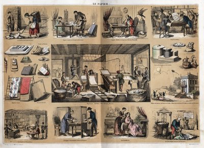 Description des différents produits et usages du papier : au centre des activités dans une papeterie, fabrication de papier à partir de chiffons, pâte, formes et presse. Divers usages, papier à dessin, Buffon écrivant son Histoire naturelle, lecture de jo - French School
