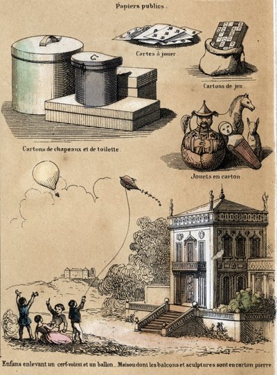 Les divers produits et usages du papier : boîtes en carton et chapeaux, cartes à jouer, jeux tels que cerfs-volants ou ballons. Planche « Le papier et ses produits » dans « les Récréations instructives » - French School
