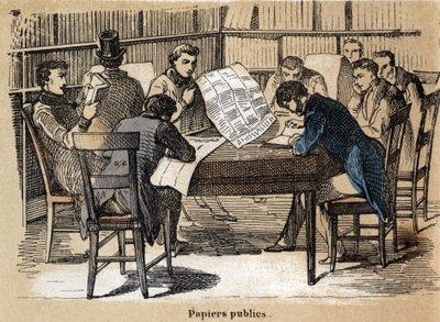 Description des différents produits et usages du papier : lecture de journaux publics. Planche "Le papier et ses produits" dans "Les Récréations instructives" peinture synoptique de Jules Delbruck, gravure de 1860. Collection privée. - French School