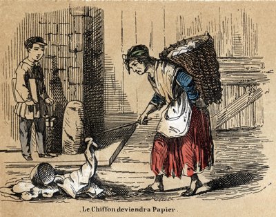 Description des divers produits et usages du papier : la collecte de vieux chiffons pour fabriquer du papier. Planche "Le papier et ses produits" dans "Les Récréations instructives" par Jules Delbruck - French School