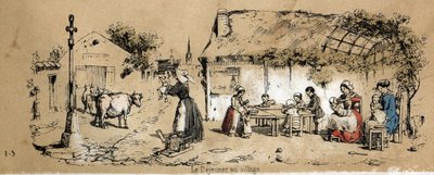 Description des différents produits et usages de la vache : scène de la vie quotidienne dans un village. Planche "La vache et ses produits" dans "Les Récréations instructives" peinture synoptique de Jules Delbruck, gravure de 1860. Collection privée. - French School
