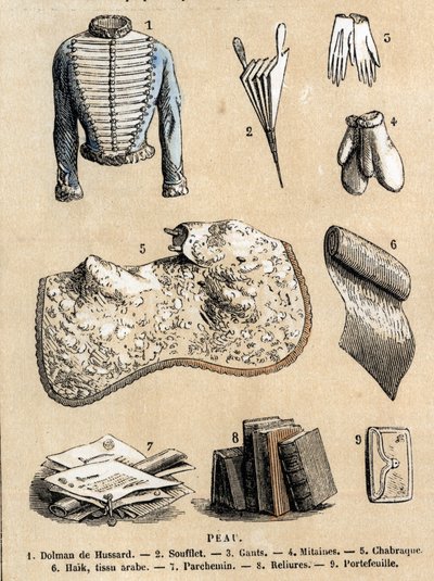 Description des divers usages et produits du mouton : travail du cuir et représentation des produits en peau de mouton, veste de hussard, soufflet, gants, reliures et parchemin, portefeuille et accessoires. Planche "Les moutons" dans "Les Récréations instr - French School