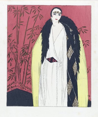 Modèle de robe du soir avec cape garnie de fourrure, pub. 1924 (impression pochoir) - French School