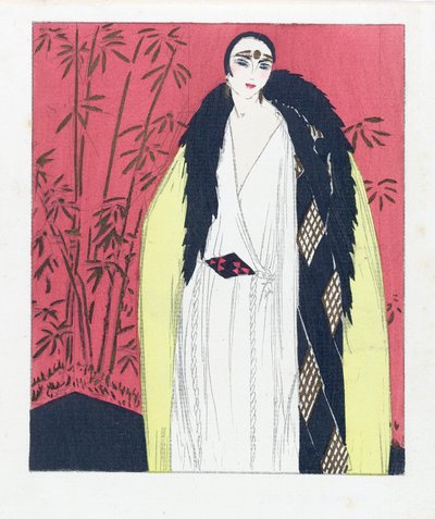 Conception pour une robe de soirée avec cape bordée de fourrure, pub. 1924, impression pochoir - French School