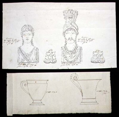 Dessins pour montures de meubles en bronze doré et tasses en porcelaine Empire français, vers 1820 - French School