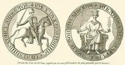 Dessin du sceau du roi Jean, appose par fut aux preliminaires de paix presentes par les barons (engraving) - French School