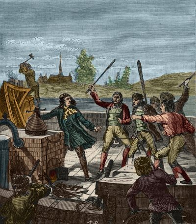Destruction du bateau à vapeur de Papin - Denis Papin (1647-1712) regardant son bateau à aubes détruit par les bateliers de Münden en 1707 - Les Bateliers de Münden détruisent le bateau à vapeur de Denis Papin (1647-1712) - Gravure dans « Sciences à la por - French School