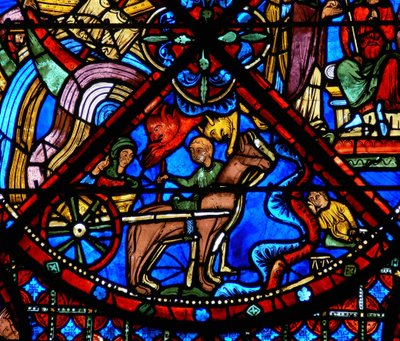 (détail) scènes de la vie de Saint Étienne : chevaux, charrette et démons - French School