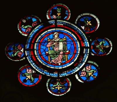 (détail) de la rosace nord représentant la Rhétorique des Arts Libéraux - French School