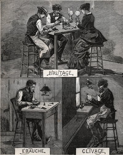 Taille de diamants, son, brut et clivage. Gravure de 1885 dans « Les arts et métiers illustrés » par Adolphe Bitard. - French School