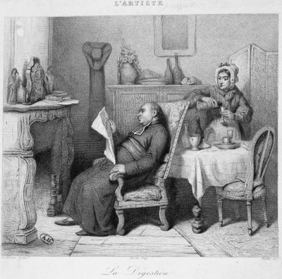 Digestion : prêtre lisant son journal devant la cheminée tandis que sa servante lui sert un digestif - gravure - French School