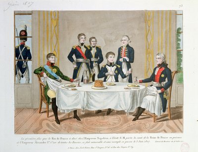 Dîner à Tilsit entre Frédéric-Guillaume III de Prusse, le tsar Alexandre Ier de Russie et Napoléon, qui porte un toast à la reine de Prusse, 3 juin 1807 - French School