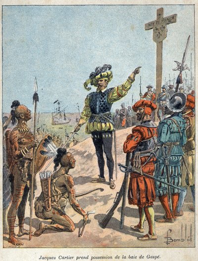 Découverte du Canada : Jacques Cartier (1491-1557), navigateur et explorateur français, prend possession de la baie de Gaspé et érige la croix le 24 juillet - French School