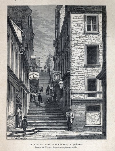 Découverte du Canada : rue du Petit-Champlain à Québec. Dessin de Taylor d
