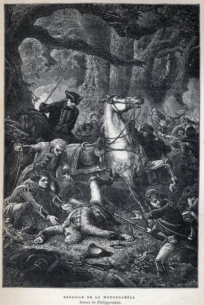 Bataille de la Monongahela en 1755 pendant la guerre de Sept Ans. Dessin de Philippoteaux. Gravure de la fin du XIXe siècle dans "La nouvelle France" par Eugène Guenin - French School