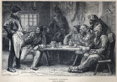 Découverte du Canada : bûcherons canadiens. Dessin de Maillard. Gravure de la fin du 19ème siècle dans "La nouvelle France" d