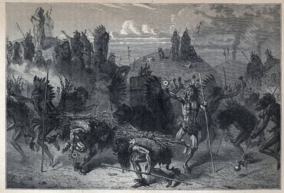 La danse du bison chez les Mandans. Gravure de la fin du XIXe siècle dans "La nouvelle France" par Eugène Guenin - French School