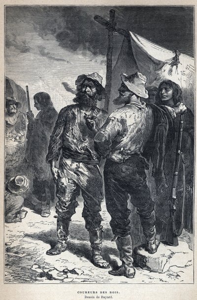 Découverte du Canada : coureur des bois (impliqué dans le commerce de fourrures avec les Amérindiens). Dessin de Bayard. Gravure de la fin du XIXe siècle dans « La nouvelle France » par Eugène Guénin. - French School