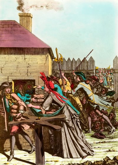 Distribution du pain du roi au Louvre en 1709 après le Grand Hiver, qui a provoqué la hausse du prix des céréales et de grandes famines. Gravure de la fin du XVIIIe siècle. Collection privée - French School