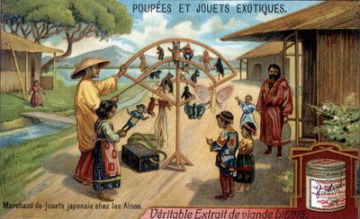 Poupées et jouets exotiques : marchand de jouets japonais dans la tribu Ainu (Aïnou) de Chishima. Chromolithographie des produits Liebig. - French School