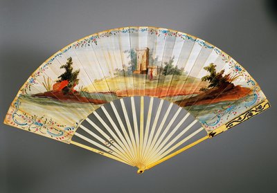 Éventail à double feuille peint avec scène pastorale, côtes en ivoire et argent, vers 1760, dos, France - French School