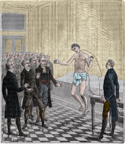 Le Dr Andrew Ure menant des expériences voltaïques sur le corps du meurtrier exécuté, Clydesdale, en 1818 - Expérience par Andrew Ure (1778-1857) sur un cadavre - Gravure dans « Les sciences mises à la portée de tous - physique et chimie » par Alexis Clerc - French School