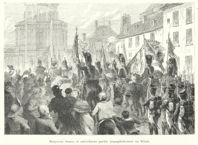 Drapeaux russes et autrichiens portés triomphalement au Sénat (gravure) - French School