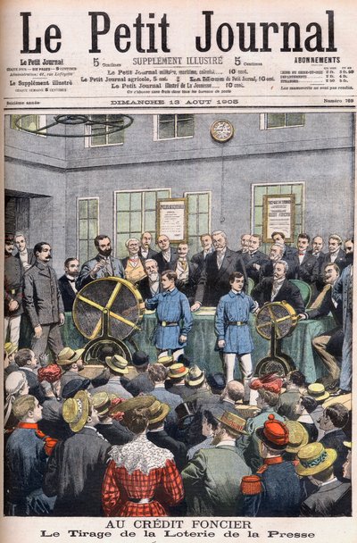 Dessin de la loterie de la presse aux bureaux du Crédit Foncier de France à Paris. Crédit foncier. Le tirage de la loterie de la presse. Illustration pour Le Petit Journal - French School