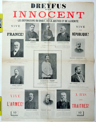 Dreyfus est innocent, affiche avec les portraits de ses défenseurs, fin du 19ème siècle - French School
