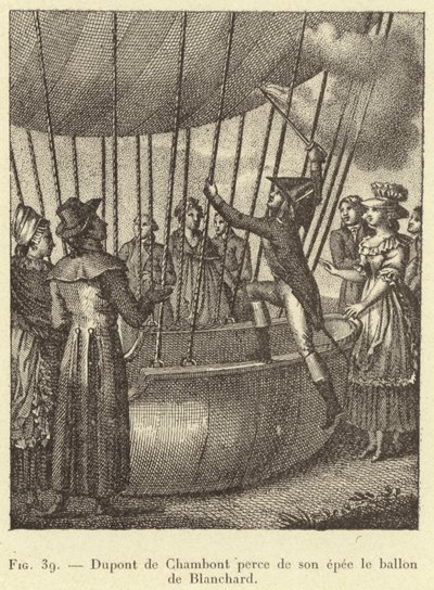 Dupont de Chambont perce de son épée le ballon de Blanchard - French School