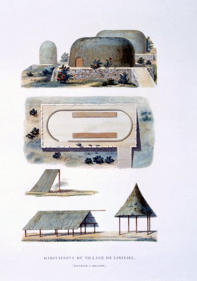 Habitations dans le village de Likiliki, Nouvelle-Irlande, 1826 - French School