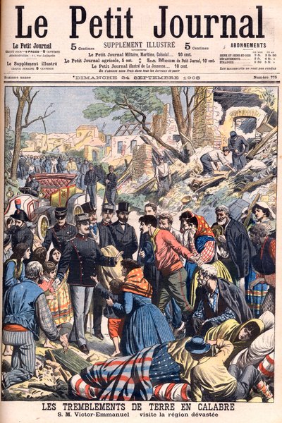 Tremblement de terre en Calabre, Italie. Le roi Victor Emmanuel III visitant les régions dévastées. Tremblements de terre en Calabre. SM Victor-Emmanuel visite la région dévastée. Illustration pour Le petit Journal, 24 septembre 1905. Victor Emmanuel III d - French School