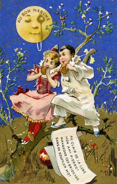 Manger des brioches à la lumière de la lune, carte promotionnelle pour les magasins Au Bon Marché à Paris, vers 1890 - French School