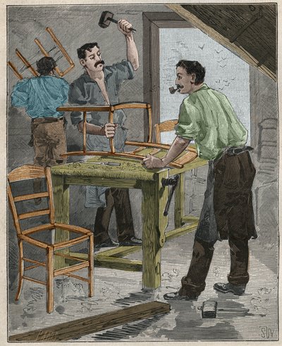 Ébénisterie : assemblage de chaises au XIXe siècle en France. Gravure de 1885 dans « Les arts et métiers illustrés » par Adolphe Bitard. - French School