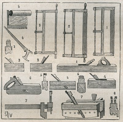 Ébénisterie : outils usuels, scies et rabotage. Gravure de 1885 dans « Les arts et métiers illustrés » par Adolphe Bitard. - French School