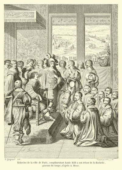 Échevins de la ville de Paris, complimentant Louis XIII à son retour de la Rochelle, gravure du temps; d