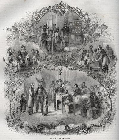Écoles primaires en France au 19ème siècle - gravure dans - Nouvelle Encyclopédie Nationale par Maurice La Charest - 1870 - French School
