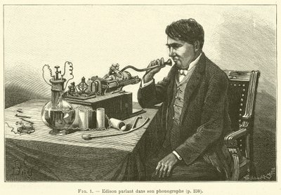 Edison parlant dans son phonographe - French School