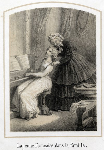 Éducation des jeunes filles de bonnes familles : une jeune Française assise au piano est reprise par sa gouvernante. Gravure anonyme du XIXe siècle - French School