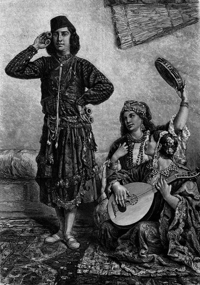 Musiciens et danseurs égyptiens. Un homme tient des cymbales entre ses doigts. Gravure dans « Le Journal de la jeunesse » - French School