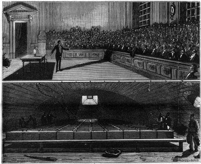Expérience de lumière électrique réalisée en 1813 par Humphry Davy (1778-1829), dans son cours de chimie à la Royal Institution de Londres (Angleterre). Gravure dans « La Nature. Revue des sciences et de ses applications aux arts et à l