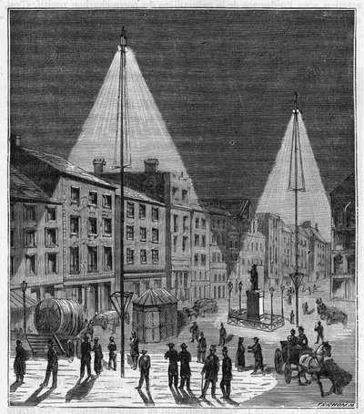 Éclairage électrique de la ville de Norwich en Angleterre au 19e siècle - gravure dans "Sciences à la portée de tous - physique et chimie populaires" par Alexis Clerc - fin du 19e siècle - French School