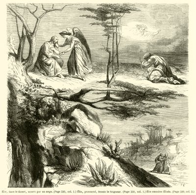Élie, dans le désert, nourri par un ange, Élie, prosterné, écoute le Seigneur, Élie emmène Élisée - French School