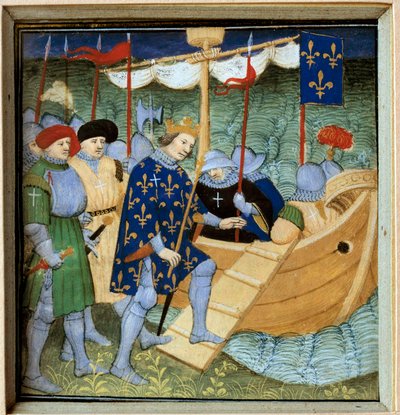 Embarquement de Saint Louis (Louis IX) (1214-1270) pour la 7ème Croisade. Miniature de l