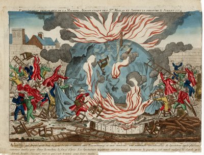 Embrâsement déplorable de la machine aérostatique des Srs. Miolan et Janinet le dimanche 11 juillet 1784. pub. 1784 (gravure en couleur) - French School